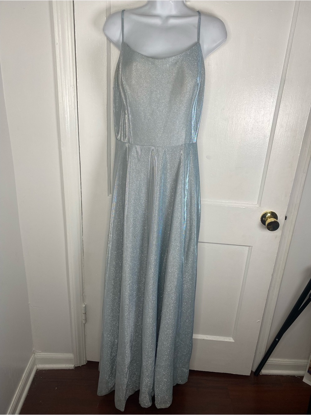 Jules & Cleo Shimmering Silver Maxi Formal Dress with Spaghetti Straps